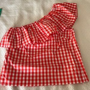 J Crew Women’s Gingham One Shoulder Ruffle Blouse NWT, Red and White, Size 4